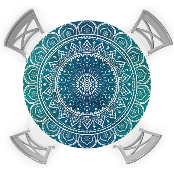 Round Table Cover 36-44 Inch, Waterproof Reusable Table Cloth Round Fitted Vinyl Tablecloth with Elastic Edged for Parties Outdoors, Boho Style Mandala Pattern Green Gradient