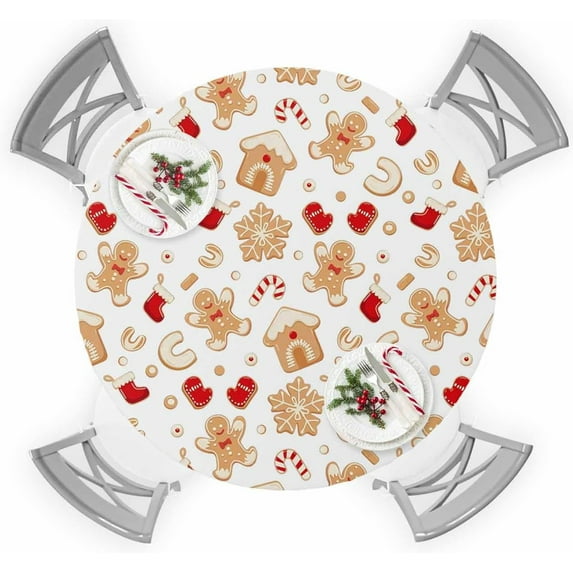 Round Table Cover 36-44 Inch, Waterproof Reusable Table Cloth Round Fitted Vinyl Tablecloth with Elastic Edged for Parties Outdoors, Cute Christmas Gingerbread Man