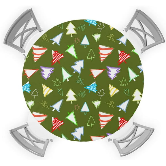 Round Table Cover 36-44 Inch, Waterproof Reusable Table Cloth Round Fitted Vinyl Tablecloth with Elastic Edged for Parties Outdoors, Simple Christmas Tree Background Green