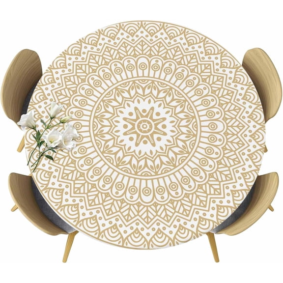 Round Table Cover 36-44 Inch, Waterproof Reusable Table Cloth Round Fitted Vinyl Tablecloth with Elastic Edged for Parties Outdoors, Mandala Pattern