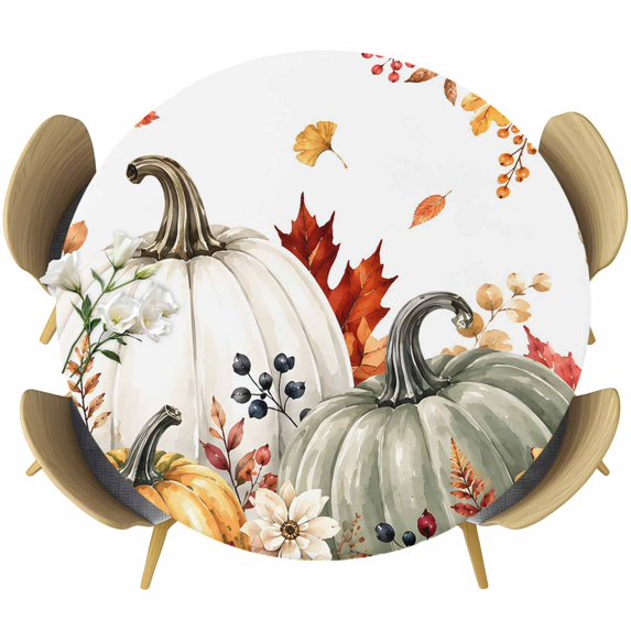 Round Table Cover 36-44 Inch White Green Pumpkins Fall Waterproof Reusable Table Cloth Round Fitted Vinyl Tablecloth with Elastic Edged for Parties Outdoors, Thanksgiving Floral Leaves