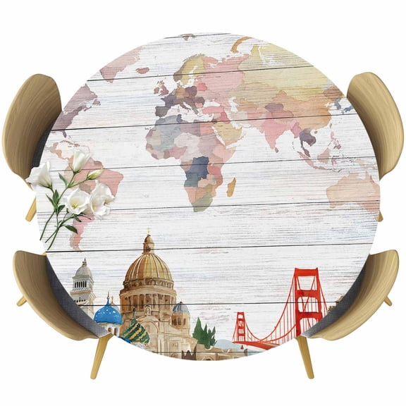 Round Table Cover 36-44 Inch World Map Waterproof Reusable Table Cloth Round Fitted Vinyl Tablecloth with Elastic Edged for Parties Outdoors, Country Famous Building Tourism Bridge Wooden