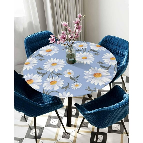 Round Table Cover 36"-44", Waterproof Reusable Table Cloth Round Fitted Vinyl Tablecloth with Elastic Edged for Outdoor Party,Watercolor Hand Painted Chrysanthemum Texture Blue Table Cover