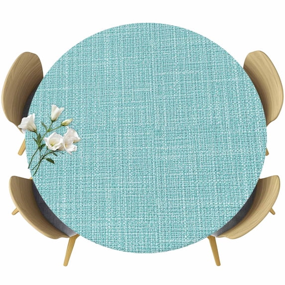 Round Table Cover 45-54 Inch Aqua Waterproof Reusable Table Cloth Round Fitted Vinyl Tablecloth with Elastic Edged for Parties Outdoors, Rustic Farmhouse Solid Color
