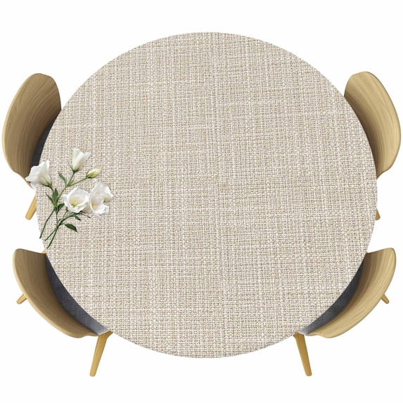 Round Table Cover 45-54 Inch Beige Waterproof Reusable Table Cloth Round Fitted Vinyl Tablecloth with Elastic Edged for Parties Outdoors, Rustic Farmhouse Solid Color