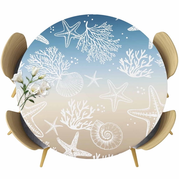 Round Table Cover 45-54 Inch Blue Brown Ombre Coastal Waterproof Reusable Table Cloth Round Fitted Vinyl Tablecloth with Elastic Edged for Parties Outdoors, Sea Nautical Summer Beach Starfish Coral