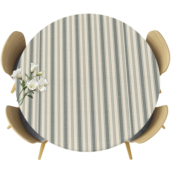 Round Table Cover 45-54 Inch Dark Green Striped Waterproof Reusable Table Cloth Round Fitted Vinyl Tablecloth with Elastic Edged for Parties Outdoors, Modern Stripes Vintage Beige