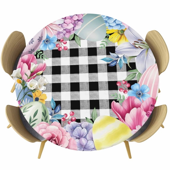 Round Table Cover 45-54 Inch Easter Eggs Waterproof Reusable Table Cloth Round Fitted Vinyl Tablecloth with Elastic Edged for Parties Outdoors, Spring Floral Berry Leaves Botanical Black Plaid