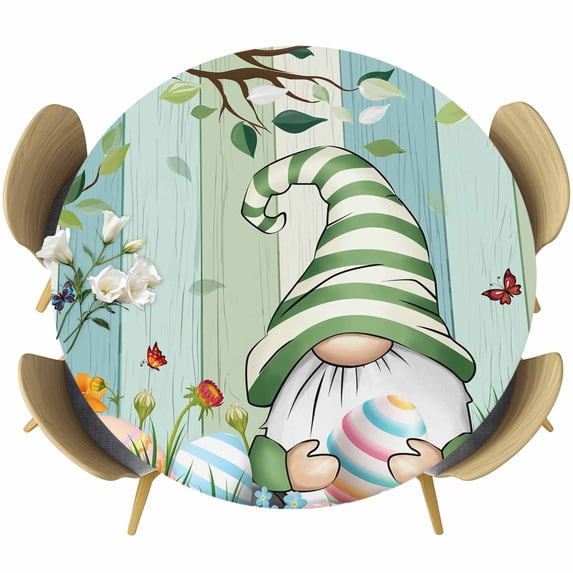 Round Table Cover 45-54 Inch Easter Gnomes Waterproof Reusable Table Cloth Round Fitted Vinyl Tablecloth with Elastic Edged for Parties Outdoors, Watercolor Eggs Branches Leaf Flowers Spring Wood