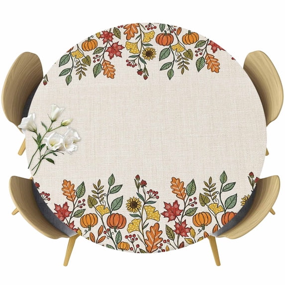 Round Table Cover 45-54 Inch Fall Maple Leaf Waterproof Reusable Table Cloth Round Fitted Vinyl Tablecloth with Elastic Edged for Parties Outdoors, Thanksgiving Pumpkin Botanical Harvest Beige