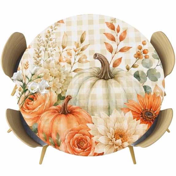 Round Table Cover 45-54 Inch Fall Pumpkin Waterproof Reusable Table Cloth Round Fitted Vinyl Tablecloth with Elastic Edged for Parties Outdoors, Autumn Thanksgiving Harvest Leaves Floral Plaid