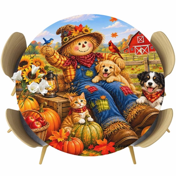 Round Table Cover 45-54 Inch Fall Waterproof Reusable Table Cloth Round Fitted Vinyl Tablecloth with Elastic Edged for Parties Outdoors, Thanksgiving Harvest Country Pumpkins Maple Leaves