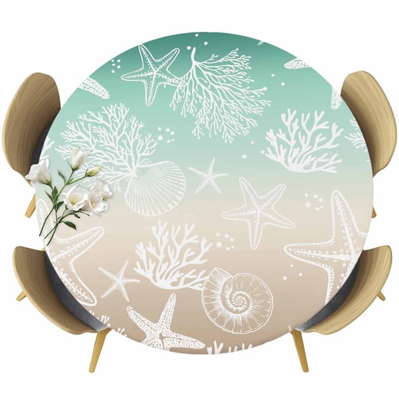 Round Table Cover 45-54 Inch Green Ombre Coastal Waterproof Reusable Table Cloth Round Fitted Vinyl Tablecloth with Elastic Edged for Parties Outdoors, Sea Nautical Summer Beach Starfish Coral