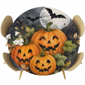 Round Table Cover 45-54 Inch Halloween Waterproof Reusable Table Cloth Round Fitted Vinyl Tablecloth with Elastic Edged for Parties Outdoors, Orange Scary Pumpkin Moon Bat Maple Leaves