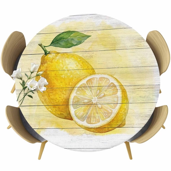 Round Table Cover 45-54 Inch Lemon Waterproof Reusable Table Cloth Round Fitted Vinyl Tablecloth with Elastic Edged for Parties Outdoors, Yellow Summer Botanical Watercolor Wooden