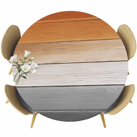 Round Table Cover 45-54 Inch Orange Gray Waterproof Reusable Table Cloth Round Fitted Vinyl Tablecloth with Elastic Edged for Parties Outdoors, Farmhouse Retro Gradient Wooden Grain