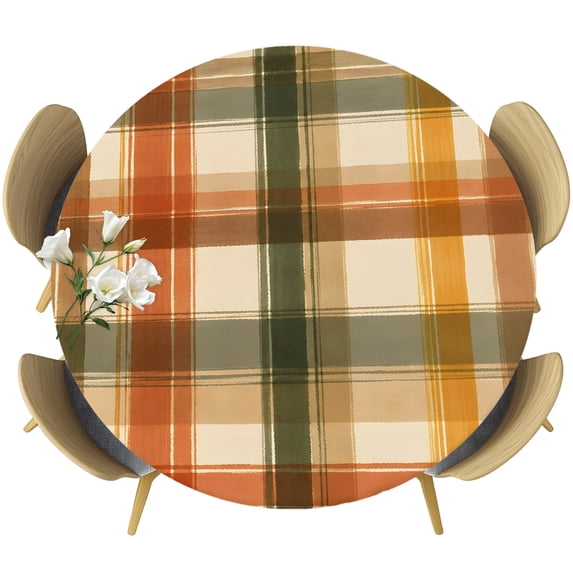 Round Table Cover 45-54 Inch Orange Green Checked Waterproof Reusable Table Cloth Round Fitted Vinyl Tablecloth with Elastic Edged for Parties Outdoors, Fall Thanksgiving Buffalo Plaid