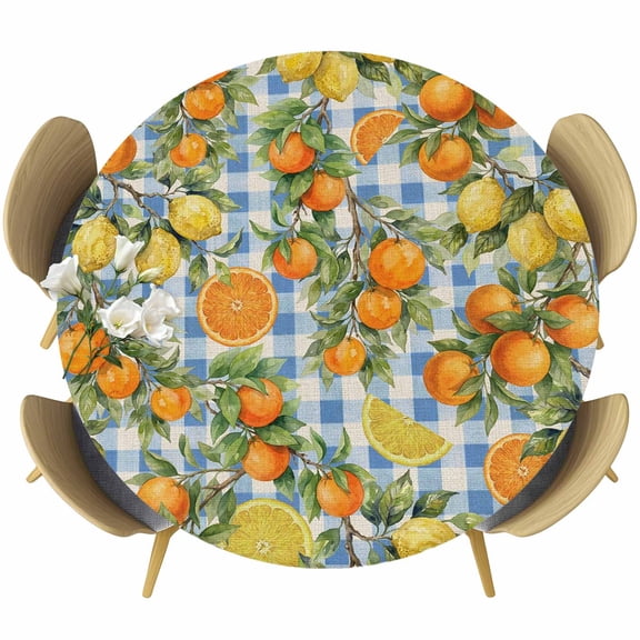 Round Table Cover 45-54 Inch Orange Lemons Waterproof Reusable Table Cloth Round Fitted Vinyl Tablecloth with Elastic Edged for Parties Outdoors, Summer Botanical Checkered Farmhouse