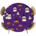 thumbnail image 1 of Round Table Cover 45-54 Inch Purple Halloween Waterproof Reusable Table Cloth Round Fitted Vinyl Tablecloth with Elastic Edged for Parties Outdoors, Pumpkins Ghosts Moons Stars, 1 of 9