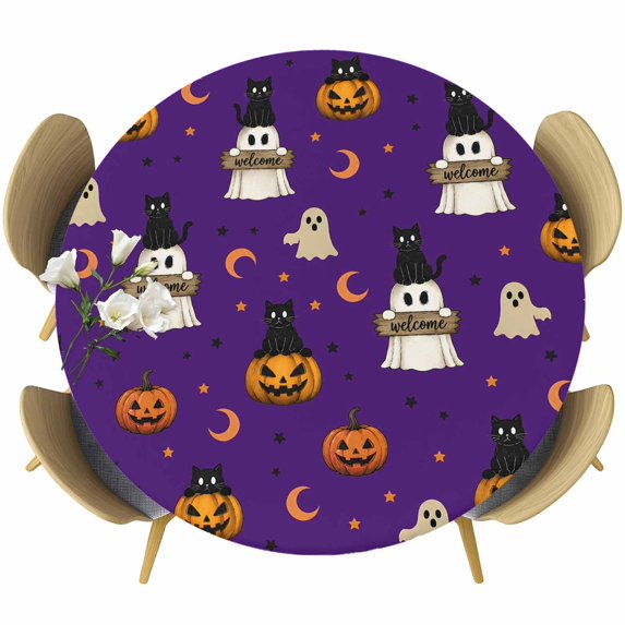 Round Table Cover 45-54 Inch Purple Halloween Waterproof Reusable Table Cloth Round Fitted Vinyl Tablecloth with Elastic Edged for Parties Outdoors, Pumpkins Ghosts Moons Stars