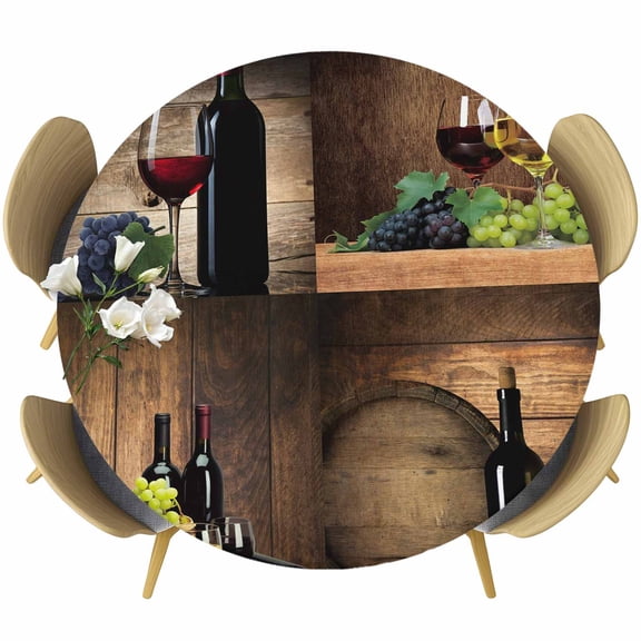 Round Table Cover 45-54 Inch Red Wine Waterproof Reusable Table Cloth Round Fitted Vinyl Tablecloth with Elastic Edged for Parties Outdoors, Grapes Glasses Country Wooden Farmhouse