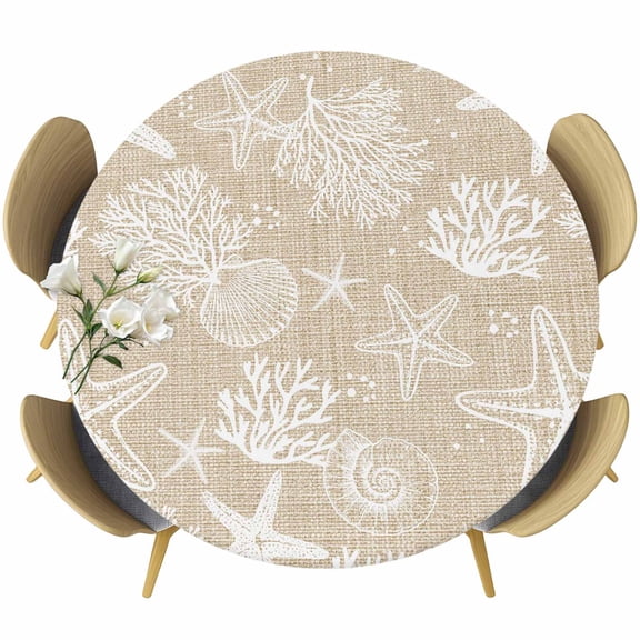 Round Table Cover 45-54 Inch Rustic Coastal Waterproof Reusable Table Cloth Round Fitted Vinyl Tablecloth with Elastic Edged for Parties Outdoors, Sea Nautical Summer Beach Starfish Coral