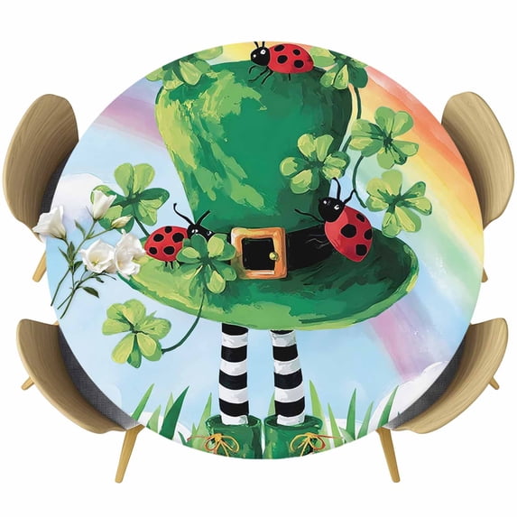 Round Table Cover 45-54 Inch St. Patrick's Day Waterproof Reusable Table Cloth Round Fitted Vinyl Tablecloth with Elastic Edged for Parties Outdoors, Green Shamrock Hat Ladybirds Daisy Rainbow