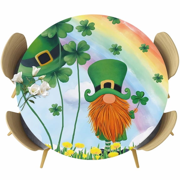 Round Table Cover 45-54 Inch St. Patrick's Day Waterproof Reusable Table Cloth Round Fitted Vinyl Tablecloth with Elastic Edged for Parties Outdoors, Lucky Gnomes Shamrock Leaves Flower Rainbow