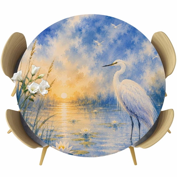 Round Table Cover 45-54 Inch Summer Beach Egret Waterproof Reusable Table Cloth Round Fitted Vinyl Tablecloth with Elastic Edged for Parties Outdoors, Coastal Wetland Reeds Sky Cloud Blue