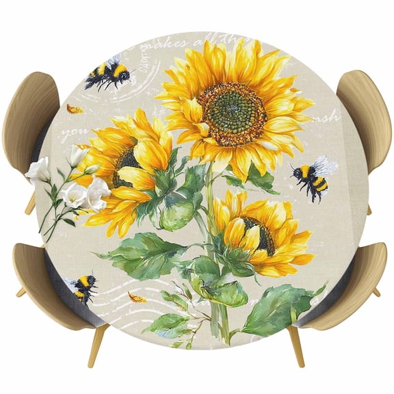 Round Table Cover 45-54 Inch Sunflowers Waterproof Reusable Table Cloth Round Fitted Vinyl Tablecloth with Elastic Edged for Parties Outdoors, Farmhouse Botanical Yellow Flowers Bee Retro