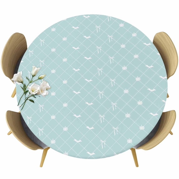 Round Table Cover 45-54 Inch Teal Blue Halloween Waterproof Reusable Table Cloth Round Fitted Vinyl Tablecloth with Elastic Edged for Parties Outdoors, Checkered Bat Bow