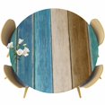 thumbnail image 1 of Round Table Cover 45-54 Inch Teal Brown Blue Wooden Waterproof Reusable Table Cloth Round Fitted Vinyl Tablecloth with Elastic Edged for Parties Outdoors, Farmhouse Vertical Striped Art, 1 of 9