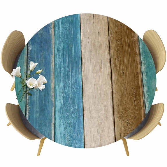 Round Table Cover 45-54 Inch Teal Brown Blue Wooden Waterproof Reusable Table Cloth Round Fitted Vinyl Tablecloth with Elastic Edged for Parties Outdoors, Farmhouse Vertical Striped Art