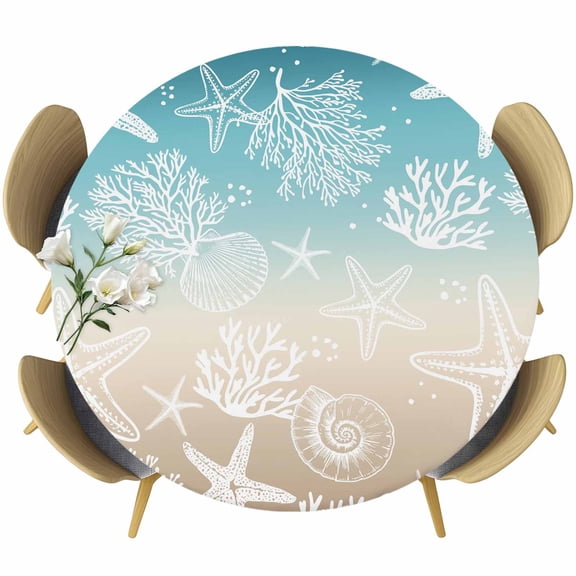 Round Table Cover 45-54 Inch Teal Ombre Coastal Waterproof Reusable Table Cloth Round Fitted Vinyl Tablecloth with Elastic Edged for Parties Outdoors, Sea Nautical Summer Beach Starfish Coral