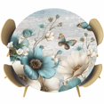 thumbnail image 1 of Round Table Cover 45-54 Inch Teal Tulip Butterfly Waterproof Reusable Table Cloth Round Fitted Vinyl Tablecloth with Elastic Edged for Parties Outdoors, Beige Turquoise Floral Farmhouse Blue, 1 of 6