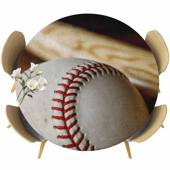 Round Table Cover 45-54 Inch Vintage Baseball Waterproof Reusable Table Cloth Round Fitted Vinyl Tablecloth with Elastic Edged for Parties Outdoors, Classic Sport Retro Art Wooden