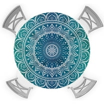 Round Table Cover 45-54 Inch, Waterproof Reusable Table Cloth Round Fitted Vinyl Tablecloth with Elastic Edged for Parties Outdoors, Boho Style Mandala Pattern Green Gradient