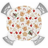 Round Table Cover 45-54 Inch, Waterproof Reusable Table Cloth Round Fitted Vinyl Tablecloth with Elastic Edged for Parties Outdoors, Cute Christmas Gingerbread Man