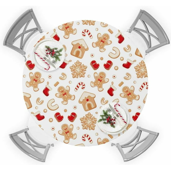 Round Table Cover 45-54 Inch, Waterproof Reusable Table Cloth Round Fitted Vinyl Tablecloth with Elastic Edged for Parties Outdoors, Cute Christmas Gingerbread Man