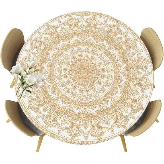 Round Table Cover 45-54 Inch, Waterproof Reusable Table Cloth Round Fitted Vinyl Tablecloth with Elastic Edged for Parties Outdoors, Mandala Pattern Boho Style Vintage Orange Flower