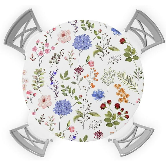 Round Table Cover 45-54 Inch, Waterproof Reusable Table Cloth Round Fitted Vinyl Tablecloth with Elastic Edged for Parties Outdoors, Spring Vintage Herbal Floral Texture