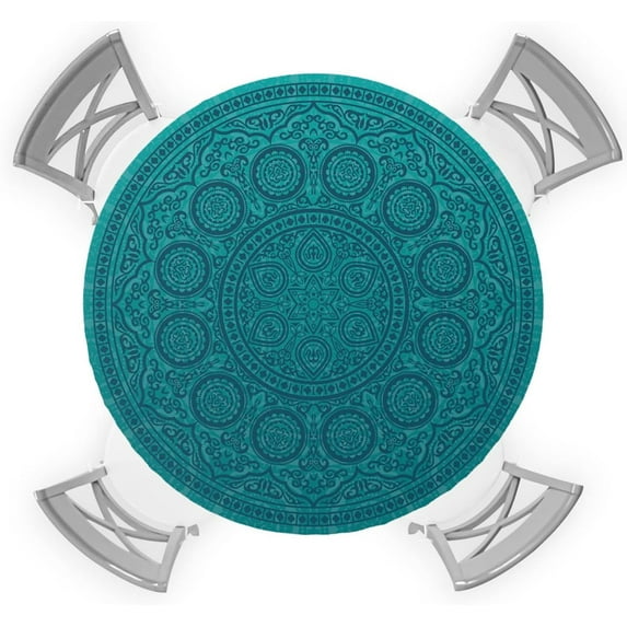 Round Table Cover 45-54 Inch, Waterproof Reusable Table Cloth Round Fitted Vinyl Tablecloth with Elastic Edged for Parties Outdoors, Vintage Blue Mandala Oil Painting