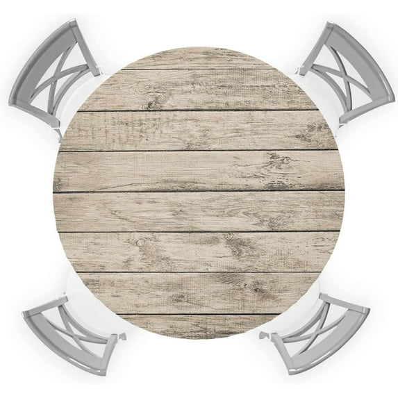 Round Table Cover 45-54 Inch, Waterproof Reusable Table Cloth Round Fitted Vinyl Tablecloth with Elastic Edged for Parties Outdoors, Vintage Wood Grain Grey
