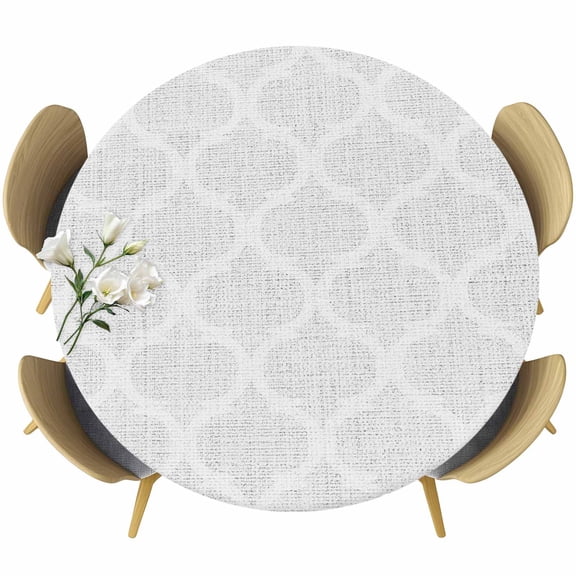 Round Table Cover 45-54 Inch White Moroccan Waterproof Reusable Table Cloth Round Fitted Vinyl Tablecloth with Elastic Edged for Parties Outdoors, Boho Morocco Geometric Quatrefoil Grid