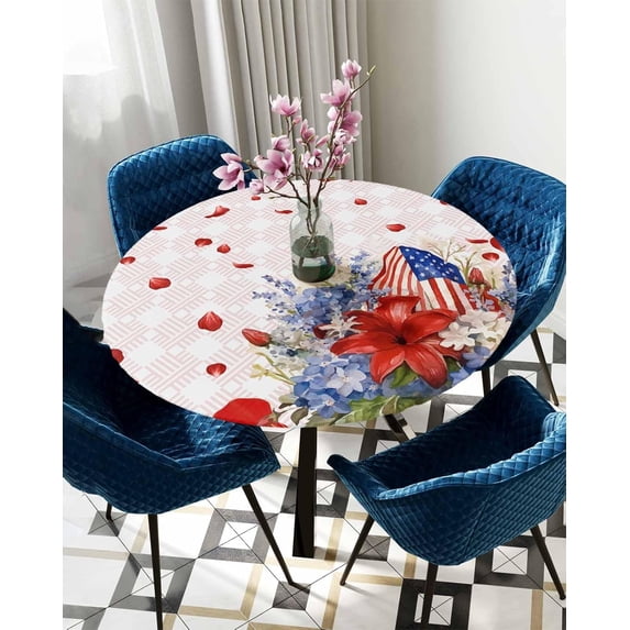 Round Table Cover 45"-54", Waterproof Reusable Table Cloth Round Fitted Vinyl Tablecloth with Elastic Edged for Outdoor Party, Independence Day American Flag Flowers Texture
