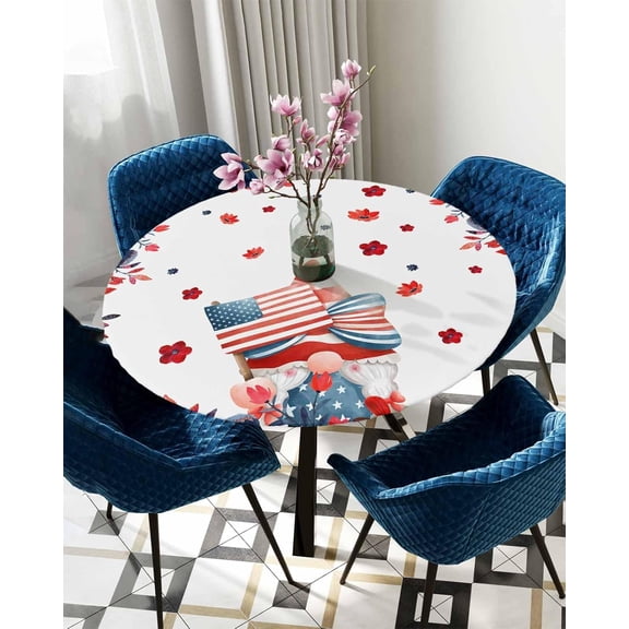 Round Table Cover 45"-54", Waterproof Reusable Table Cloth Round Fitted Vinyl Tablecloth with Elastic Edged for Outdoor Party,Independence Day American Flag Gnome Flowers Table Cover