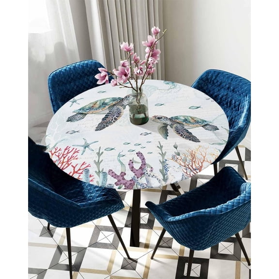 Round Table Cover 45"-54", Waterproof Reusable Table Cloth Round Fitted Vinyl Tablecloth with Elastic Edged for Outdoor Party,Summer Ocean Sea Turtle Coral White Table Cover