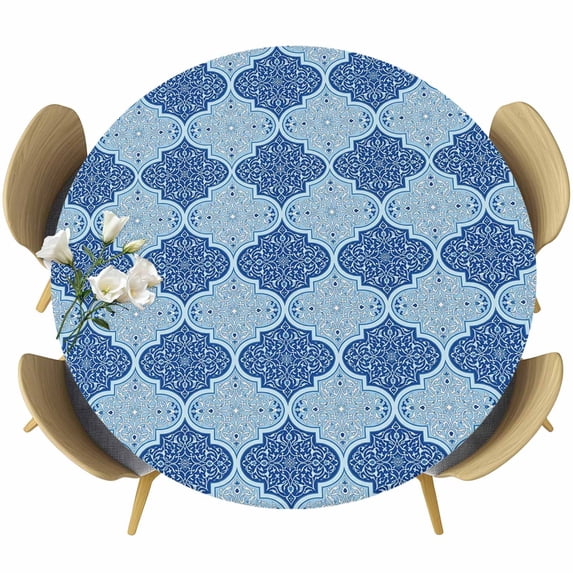Round Table Cover 55-60 Inch Blue Geometric Waterproof Reusable Table Cloth Round Fitted Vinyl Tablecloth with Elastic Edged for Parties Outdoors, Retro Morocco Abstract Art
