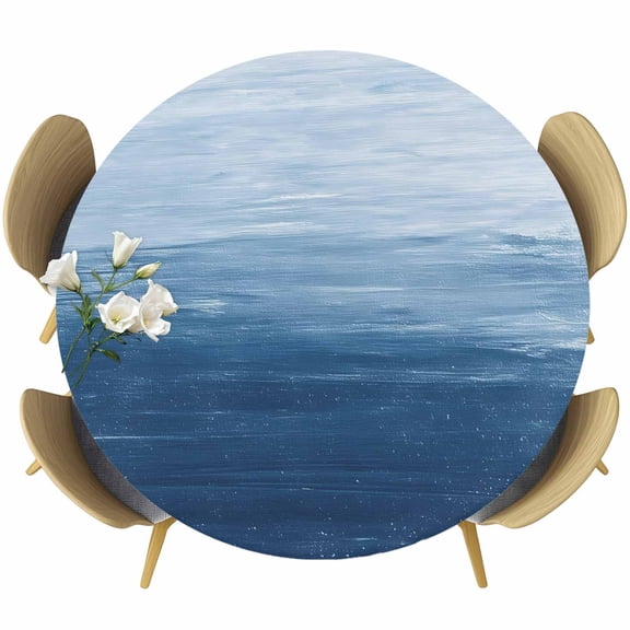 Round Table Cover 55-60 Inch Blue Ombre Waterproof Reusable Table Cloth Round Fitted Vinyl Tablecloth with Elastic Edged for Parties Outdoors, Modern Abstract Art Ocean Oil Painting