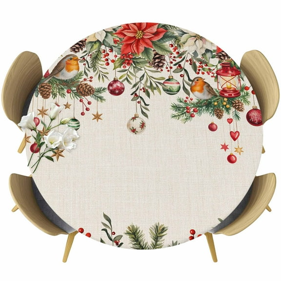 Round Table Cover 55-60 Inch Christmas Poinsettia Waterproof Reusable Table Cloth Round Fitted Vinyl Tablecloth with Elastic Edged for Parties Outdoors, Xmas Ball Pine Cone Berry Winter Bird